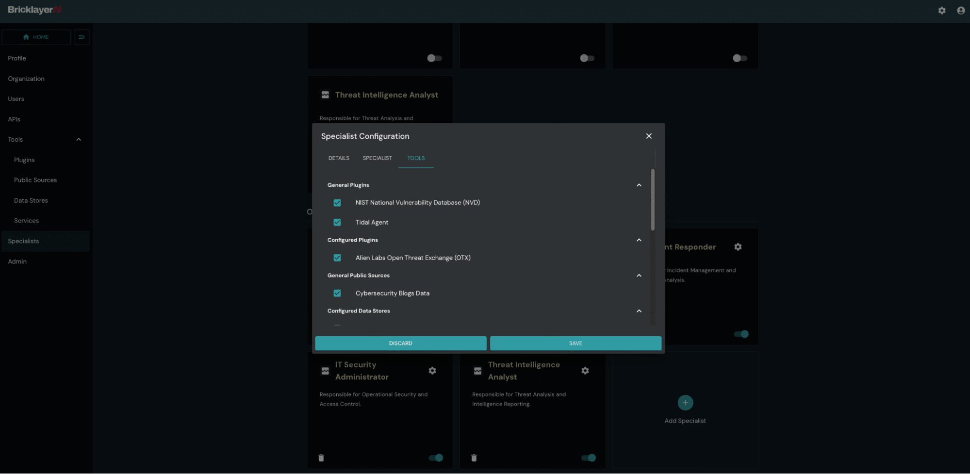 A screenshot of the Brickleyer.AI platform showing the onboarding of a Specialist.