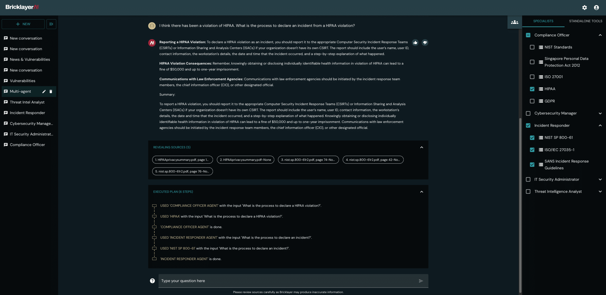 A screenshot showing a Specialist being interacted with in the Brickleyer.AI platform.