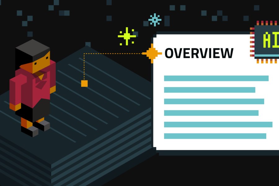 Human block person standing on a stack of papers and an overview document next to them with an AI chip at the top corner